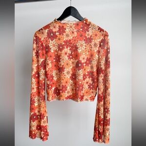 Mesh Orange Floral Crop Top Flared Bell Sleeve 70s Aesthetic Boho Festival